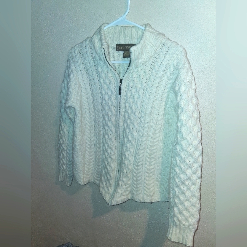Vintage Made in Ireland Inis Crafts 100% Merino Wool Zip Cardigan Sweater M